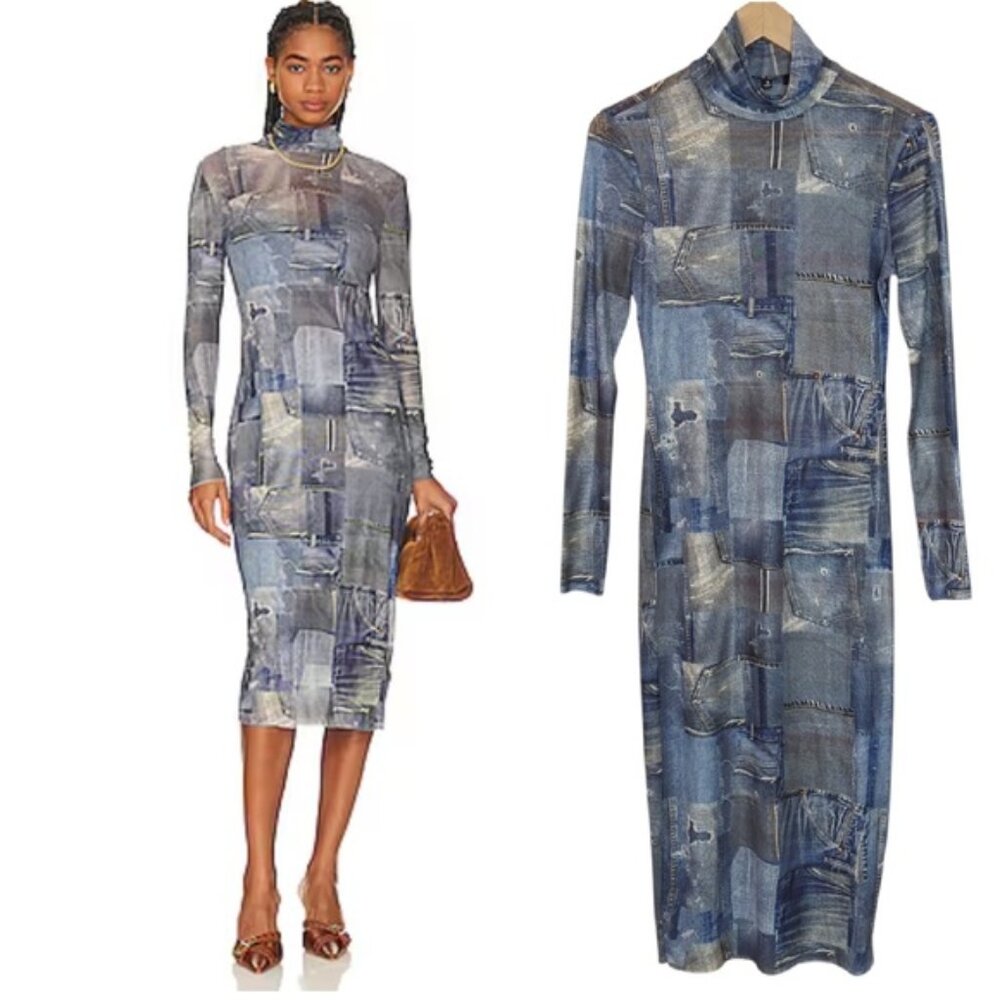 Steve Madden Vivienne Denim Print Mesh Long Dress